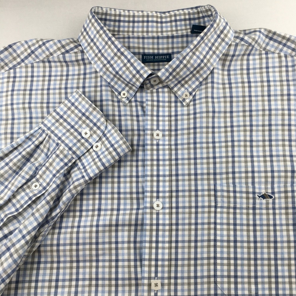 Fish Hippie Button Down Shirt Mens XXL Blue Grey Plaid Solace Collection Stretch